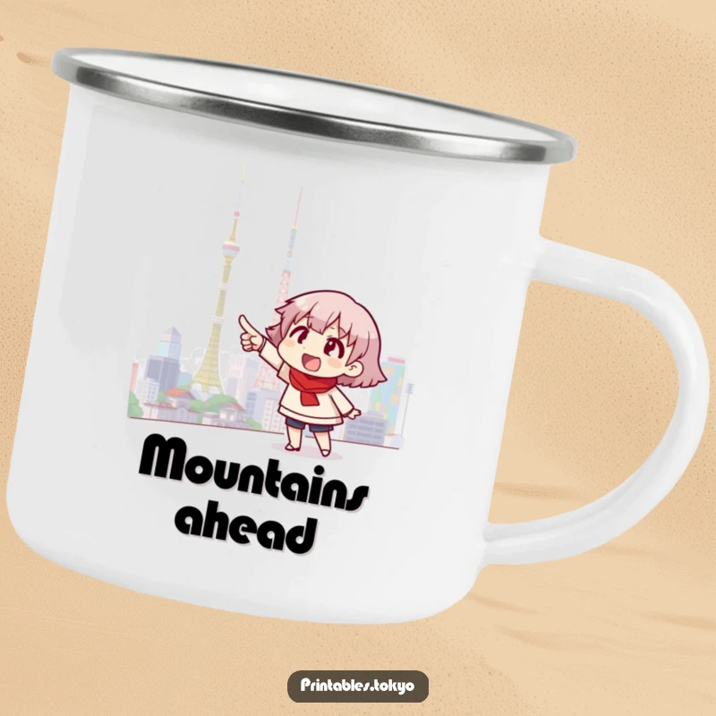 Funny camping mug showing an excited character pointing towards a vibrant Tokyo skyline, perfect for outdoor city dreaming.