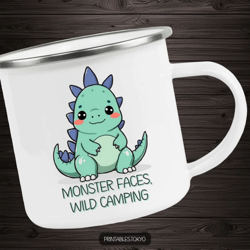 Funny camping mug with a character making a silly face to surprise a small Godzilla, durable and humorous.