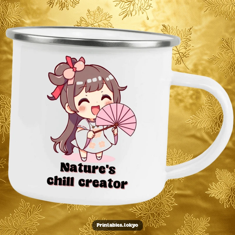 Funny camping mug with an excited character waving a large fan, designed for cool outdoor enjoyment.