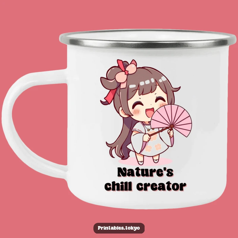 Funny Fan Waving Camping Mug: Excited Character, Cool Outdoor Sips