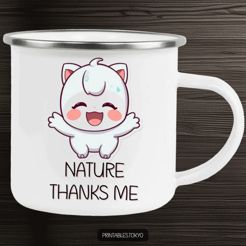 Funny camping mug depicting a character's happy bow, perfect for enjoying outdoor beverages with a grateful spirit.