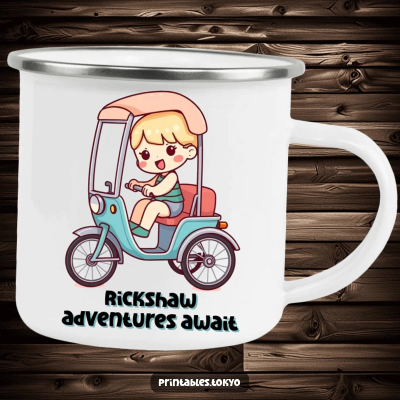 Funny camping mug featuring a character riding a miniature, stylized rickshaw, designed for outdoor fun and humor.