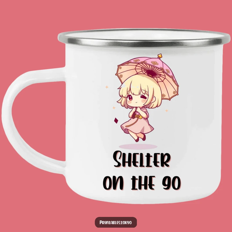 Funny Camping Mug: Bouncing Umbrella Character for Outdoor Adventures