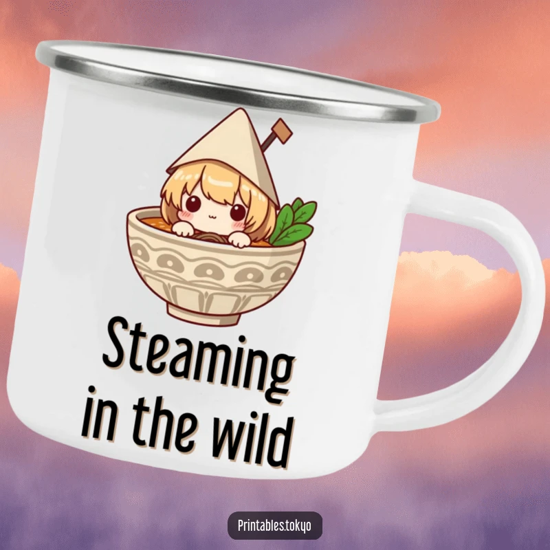 Funny camping mug with a cute character in a paper hat peeking out of a ramen bowl, ideal for outdoor enthusiasts.