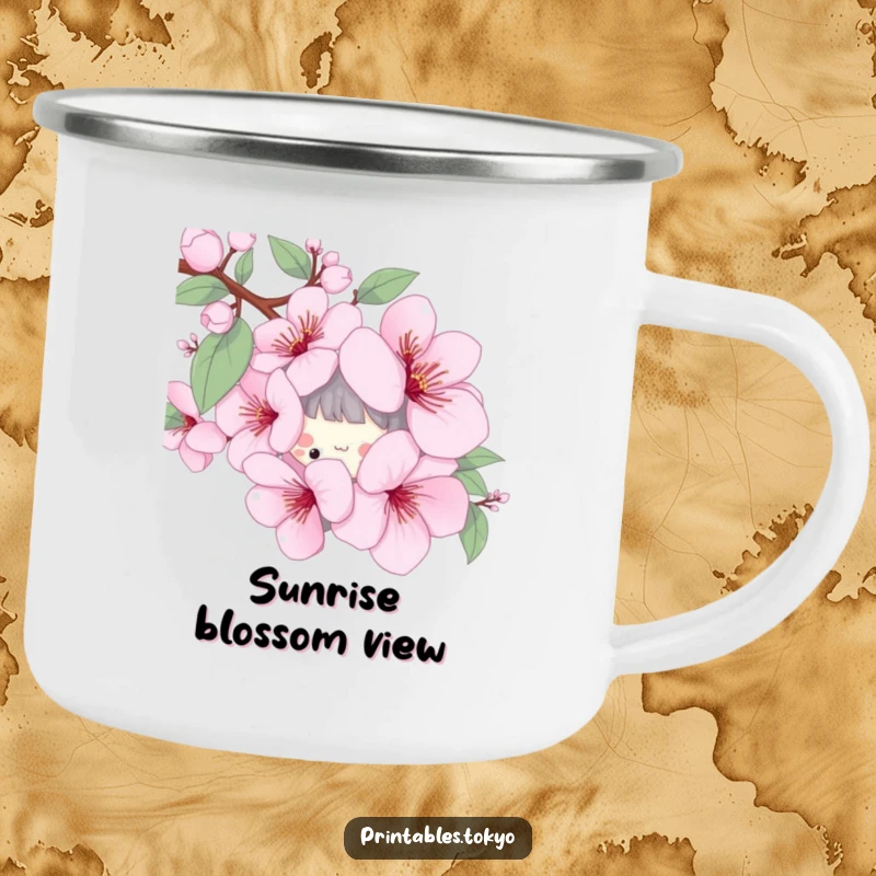 Funny camping mug with a playful character peeking from behind a stylized cherry blossom, perfect for spring outdoor adventures.