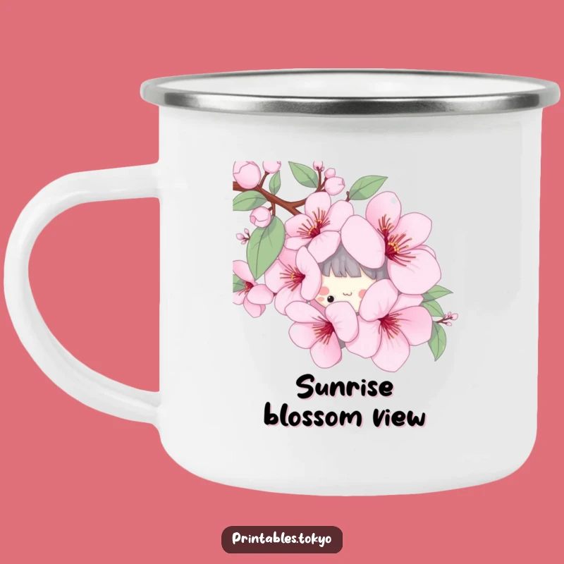 Funny Cherry Blossom Camping Mug - Playful Character Spring Outdoor Gift
