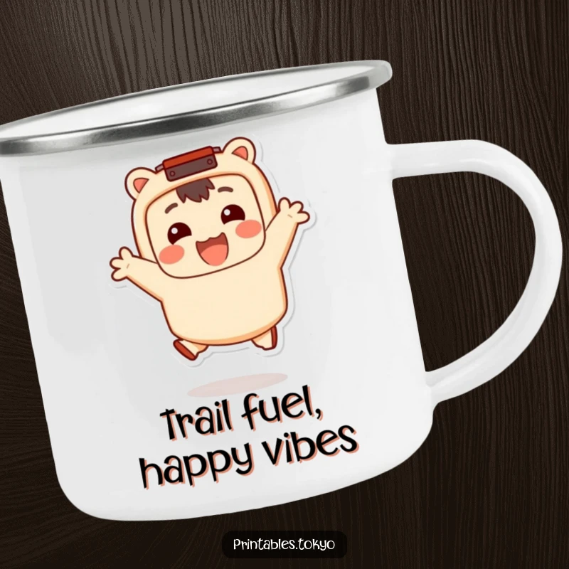 Funny Camping Mug: A smiling character with a bento box accessory jumps happily, ideal for outdoor meals and food-themed humor, a funny gift.