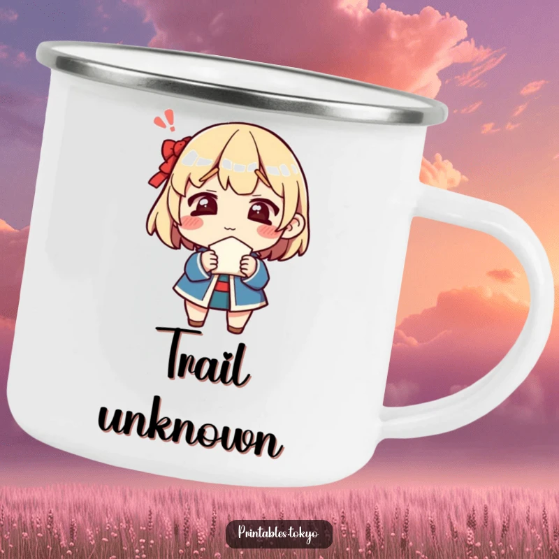 Funny camping mug depicting a character's confused look while holding a fortune cookie, perfect for outdoor contemplation and humor.