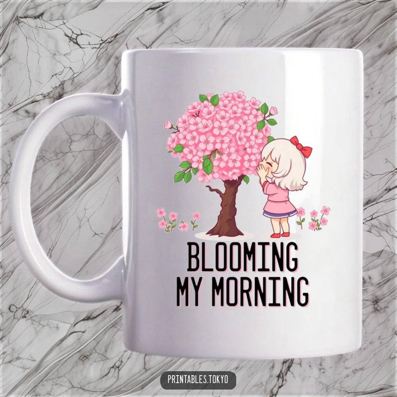 Funny mug showing a character looking with awe at a large, pixelated bouquet of cherry blossoms.