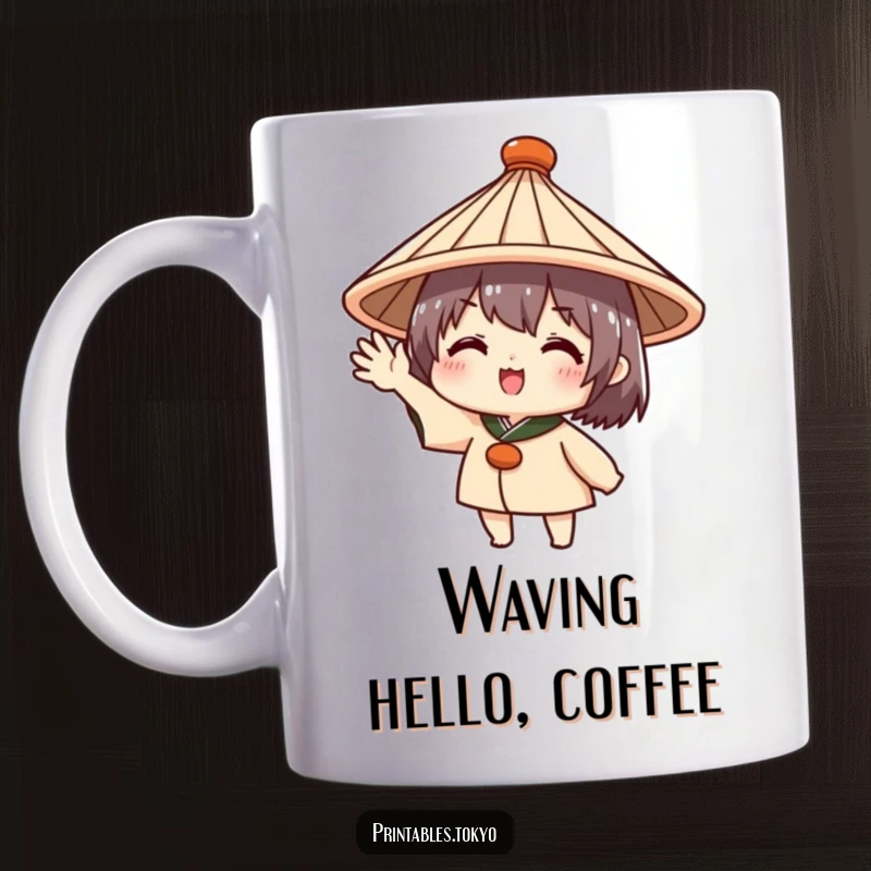 Funny mug with a cute character wearing a traditional Japanese hat, enthusiastically waving hello, radiating warmth and friendly greetings.