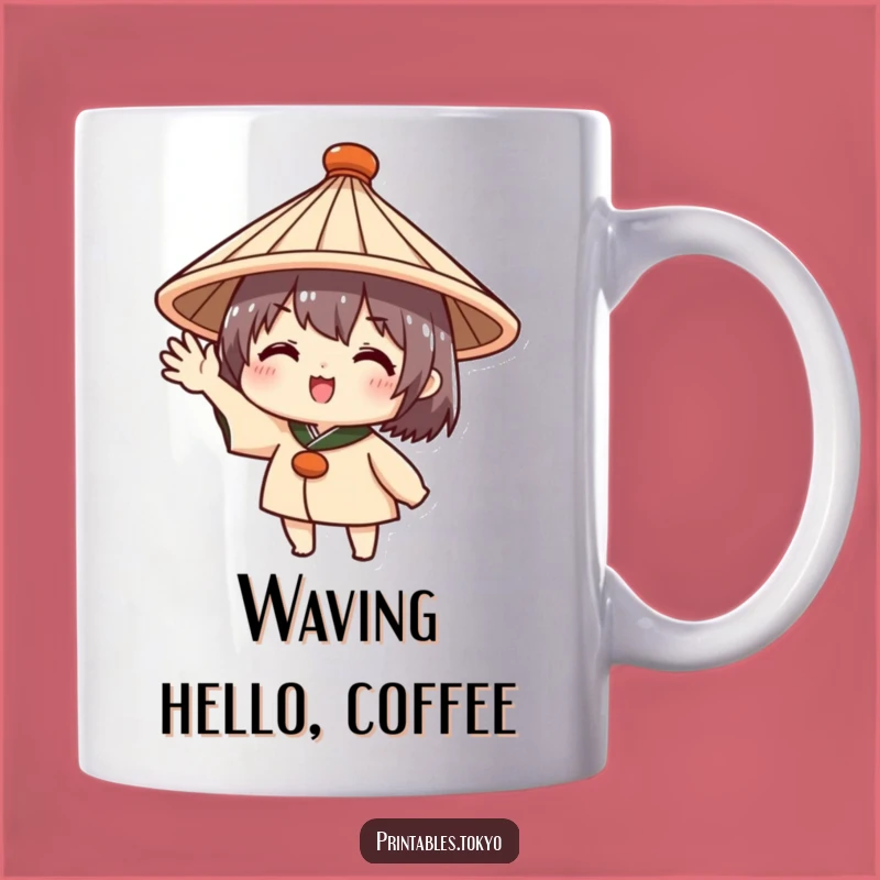 Friendly Greeting Funny Mug - Cute Japanese Hat Wave Gift