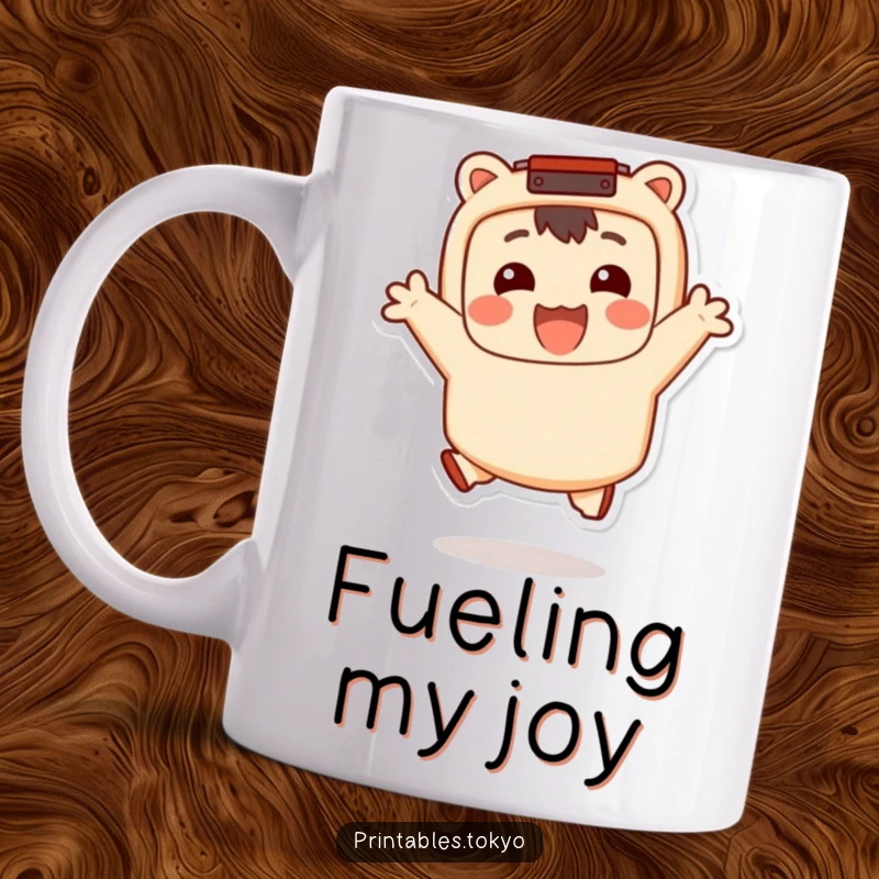 Funny Mug: A smiling character wearing a bento box accessory jumps happily, embodying culinary joy and humor, perfect for a funny gift.