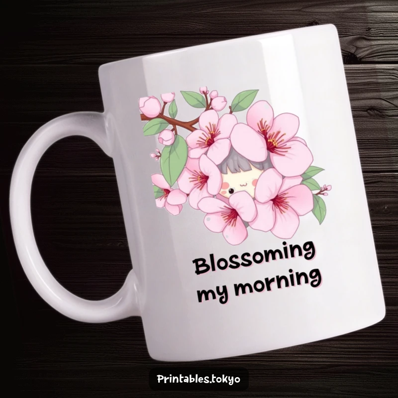 Funny mug with a playful character peeking curiously from behind a large, stylized cherry blossom flower.