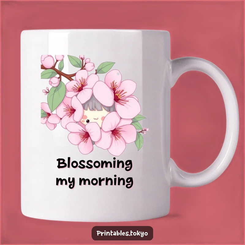 Funny Cherry Blossom Peek Mug - Playful Character Spring Gift Surprise
