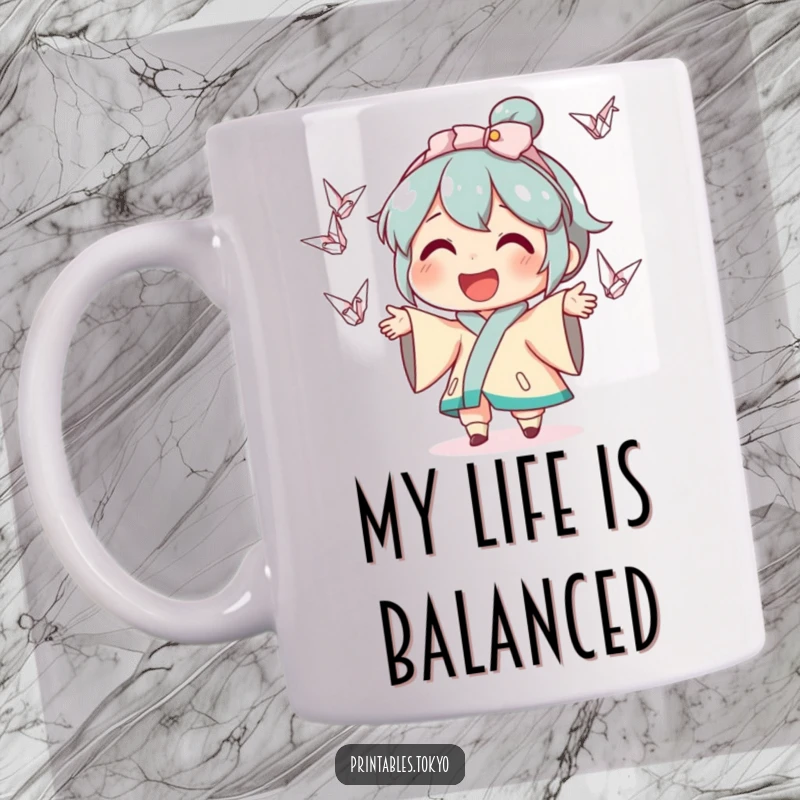 Funny mug with a smiling character expertly juggling small, colorful origami cranes, showcasing a joyful and whimsical art style.