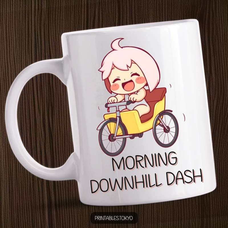 Funny giggling character in a tiny rickshaw, pedaling furiously downhill at high speed, on a coffee mug. Captures pure joy and motion.