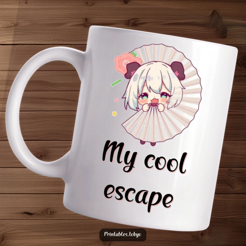Funny mug showing a shy character playfully peeking from behind a large, decorative fan, evoking a sense of playful mystery.