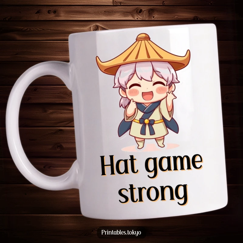 Funny mug with a character wearing a traditional Japanese hat and striking an exaggerated, humorous pose with a playful expression.