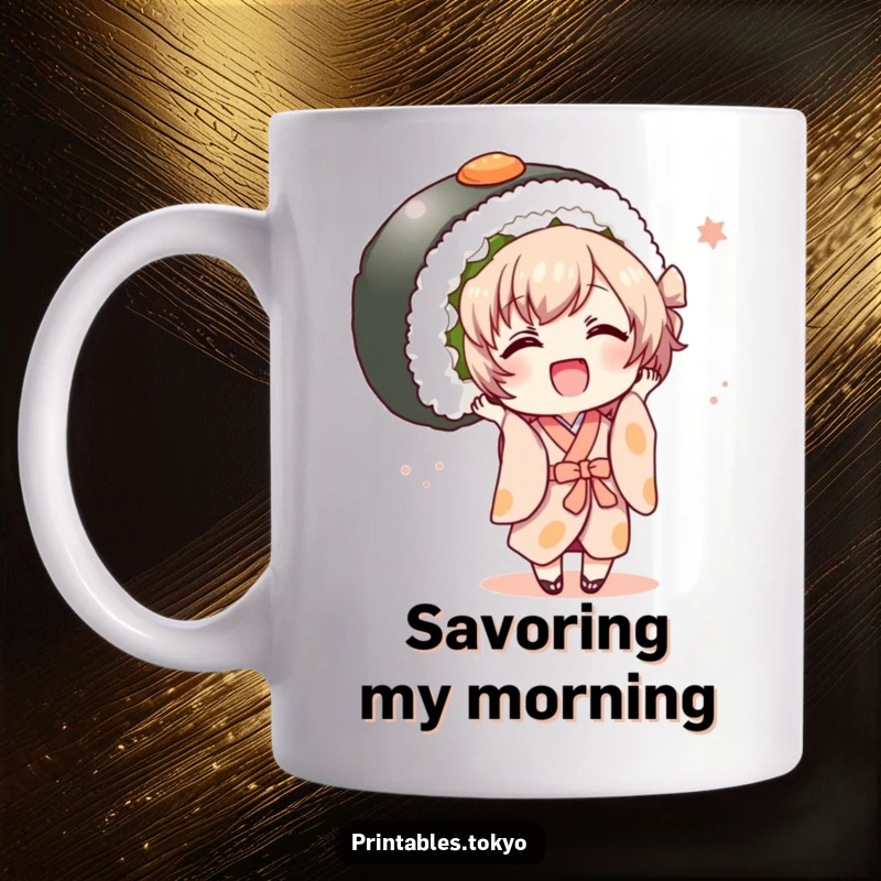 Funny small character in a colorful kimono joyfully holding a huge sushi roll, celebrating deliciousness on a mug.