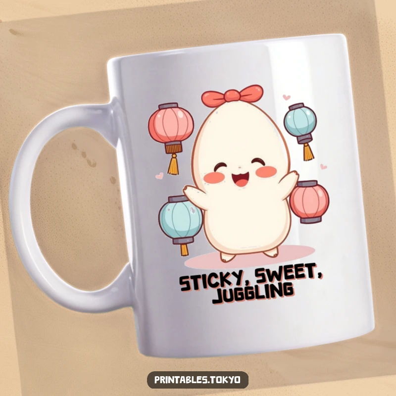 Funny and cheerful mochi character with rosy cheeks, attempting to juggle multiple glowing lanterns.