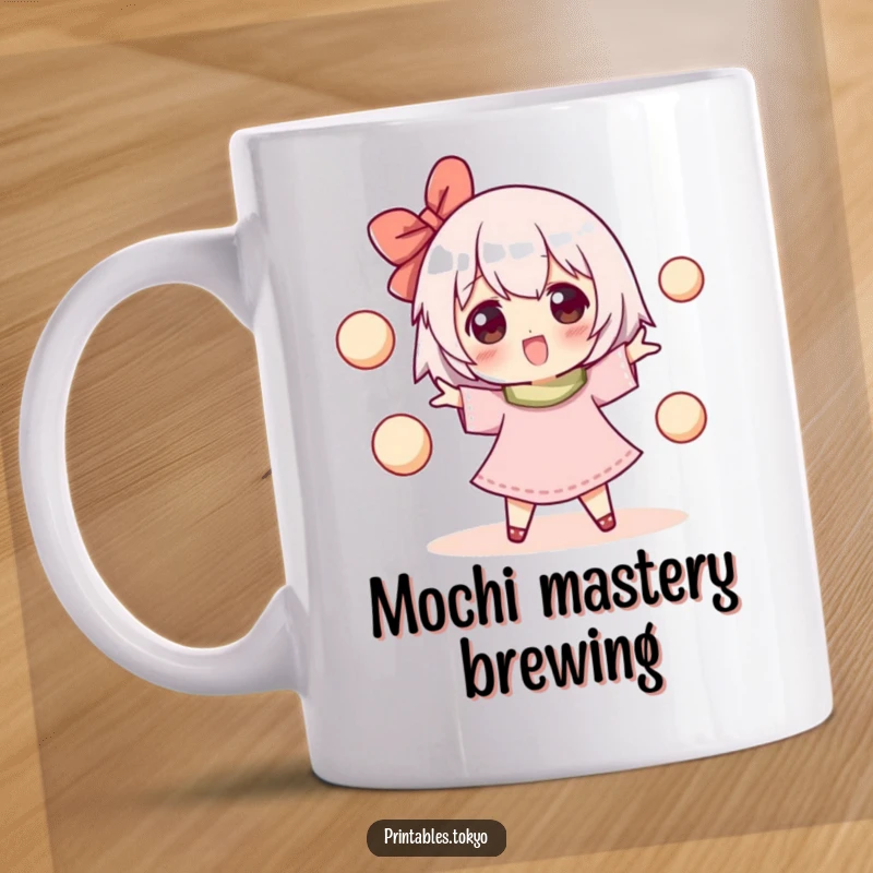 Funny mug featuring a happy character skillfully juggling several small, round mochi balls with a joyful expression.