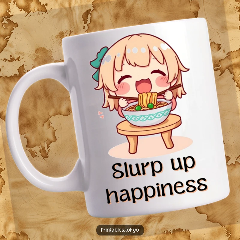 Funny mug featuring a character ecstatically devouring a hot, steaming bowl of noodles at a quaint table.