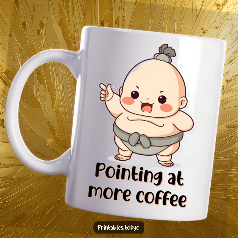 Funny character dressed as a sumo wrestler, playfully pointing with a confident grin, on a coffee mug. Bold and humorous.