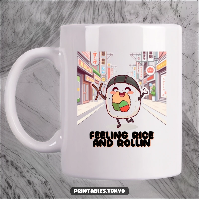 Funny sushi roll character with chopsticks happily dancing on a vibrant Tokyo street, smiling widely.