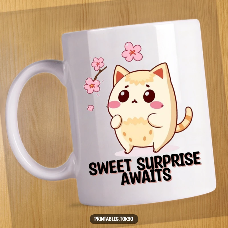 Funny surprised taiyaki character with its tail wagging, narrowly avoiding a falling cherry blossom petal.