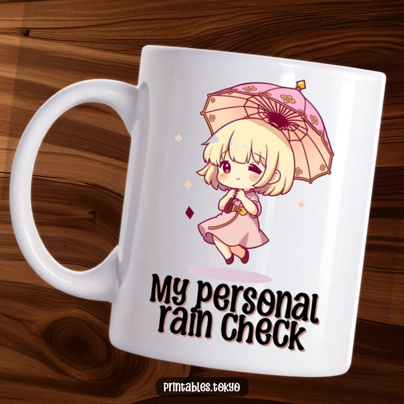 Funny mug featuring a cartoon character gleefully bouncing a small, fancy umbrella, capturing a moment of pure, lighthearted fun.