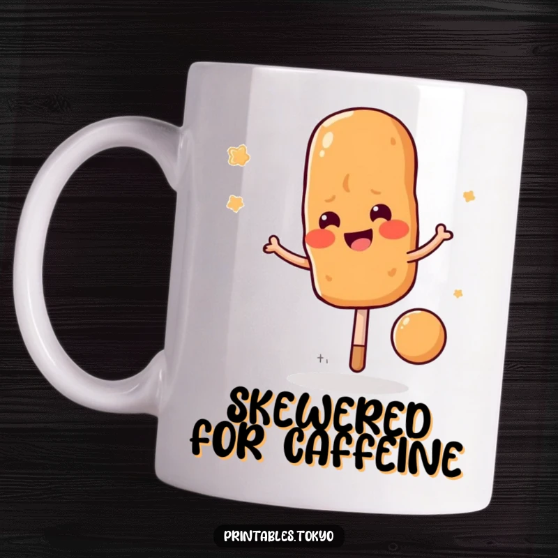 Funny yakitori skewer character, cheerfully bouncing like a ball, a fun and delicious-themed mug, a great funny gift.