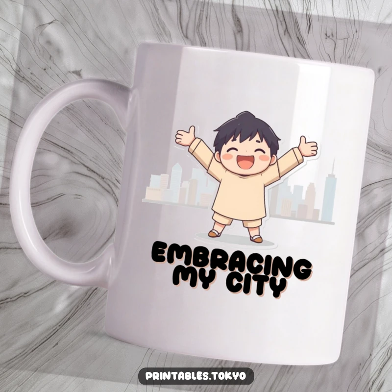 Funny city embrace mug, a joyful character with open arms welcoming a beautiful city skyline silhouette, a heartwarming and humorous design.