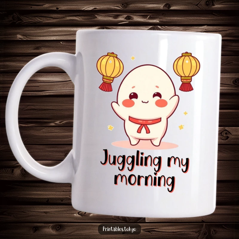 Funny mug depicting a cheerful mochi character with rosy cheeks, attempting to juggle glowing lanterns, full of playful energy.