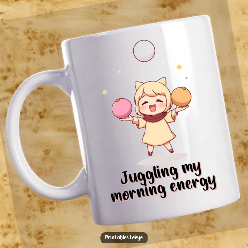 Funny mug featuring a character energetically juggling three colorful, vibrant mochi balls with a joyful expression.