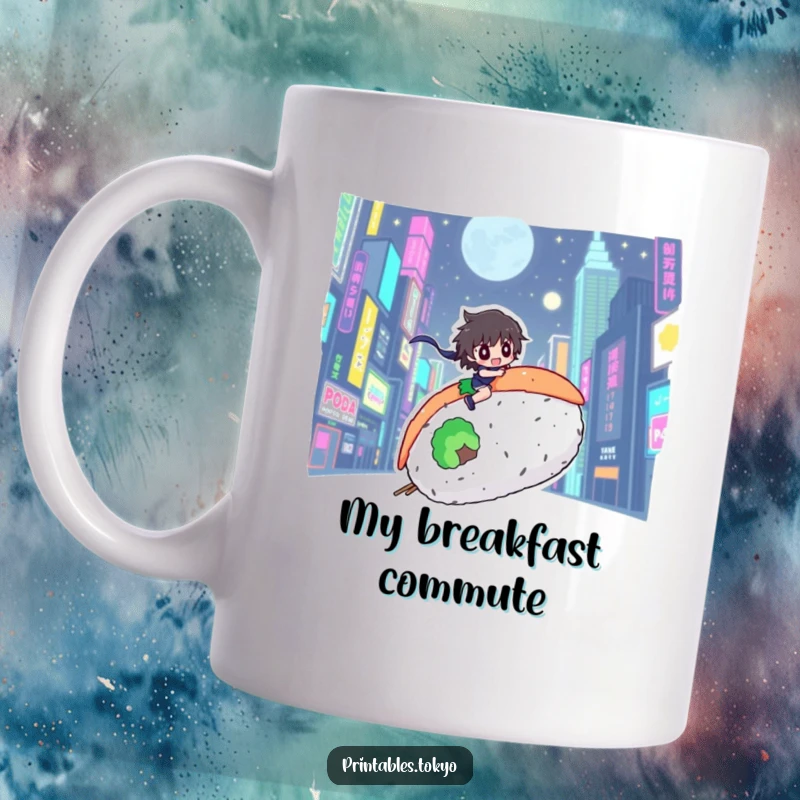Funny mug depicting a character joyfully riding a giant sushi roll through a dazzling neon cityscape.