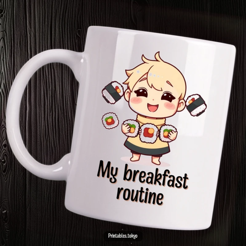 Funny Mug showcasing a joyful character skillfully juggling three tasty sushi rolls, a delightful addition to any kitchen.