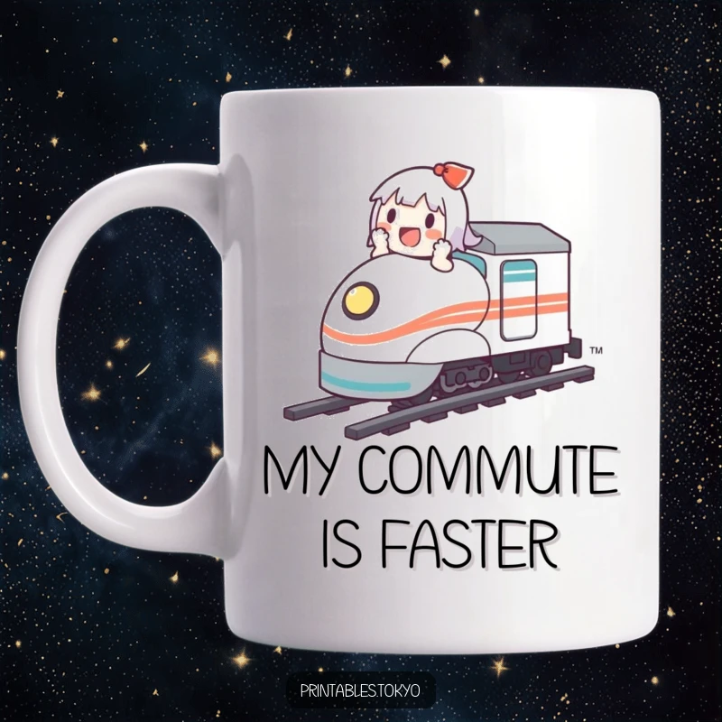 Funny mug featuring a cute character gleefully riding a tiny bullet train, capturing a moment of pure joy and speed.