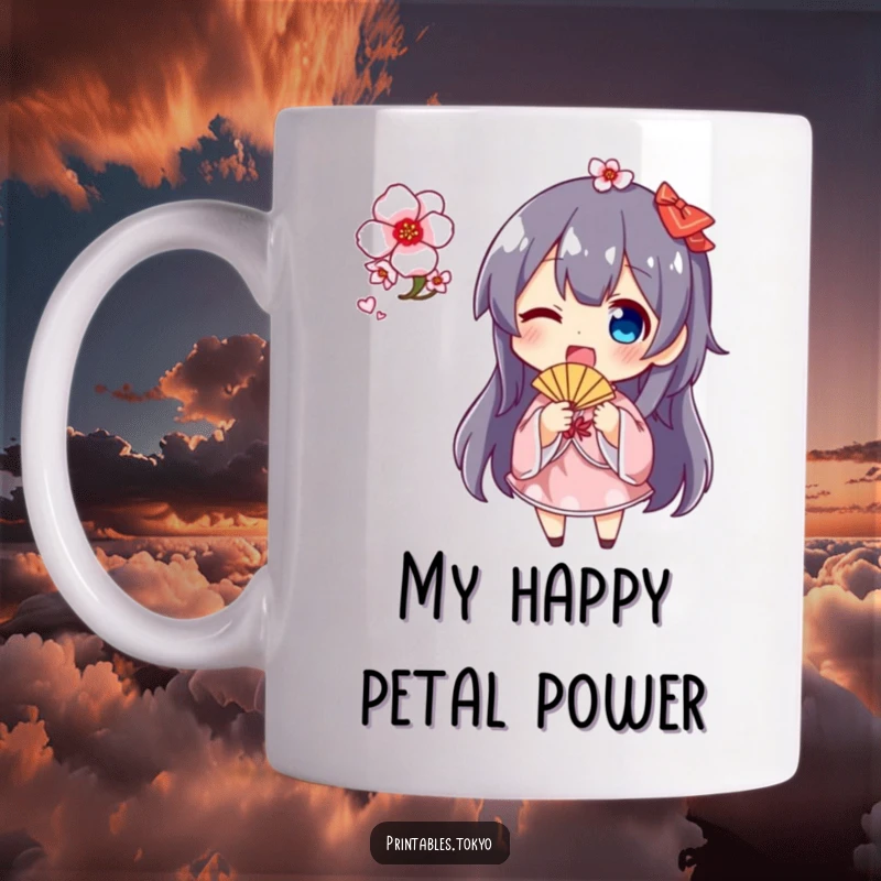 Funny cherry blossom fan mug with a smiling character excitedly waving a delicate fan adorned with pink cherry blossoms, perfect for spring.