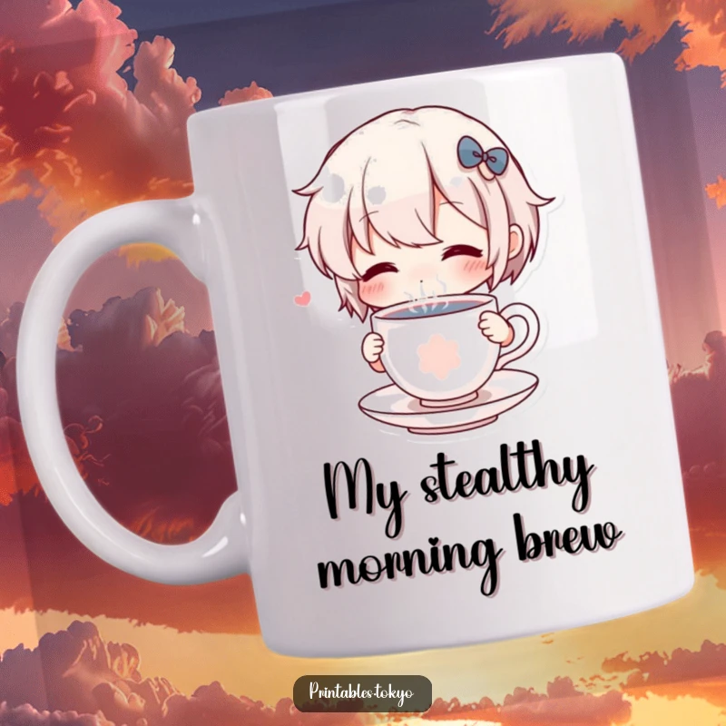 Funny Mug: A cute character comically sips from a minuscule, steaming teacup, radiating calm and enjoyment.