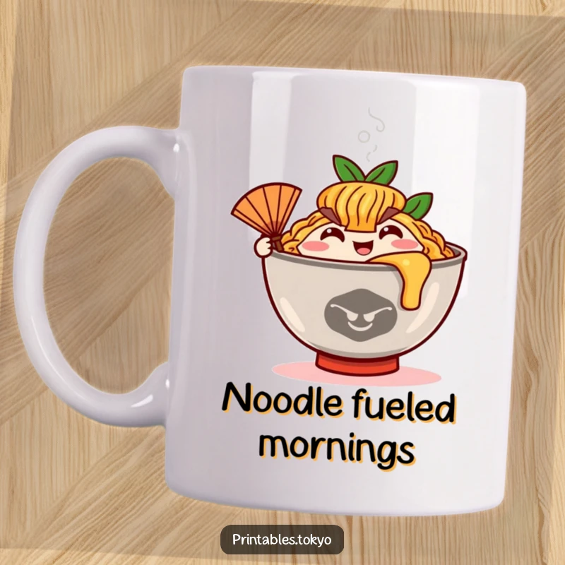 Funny happy ramen bowl character with steam rising, waving a small fan to cool down.