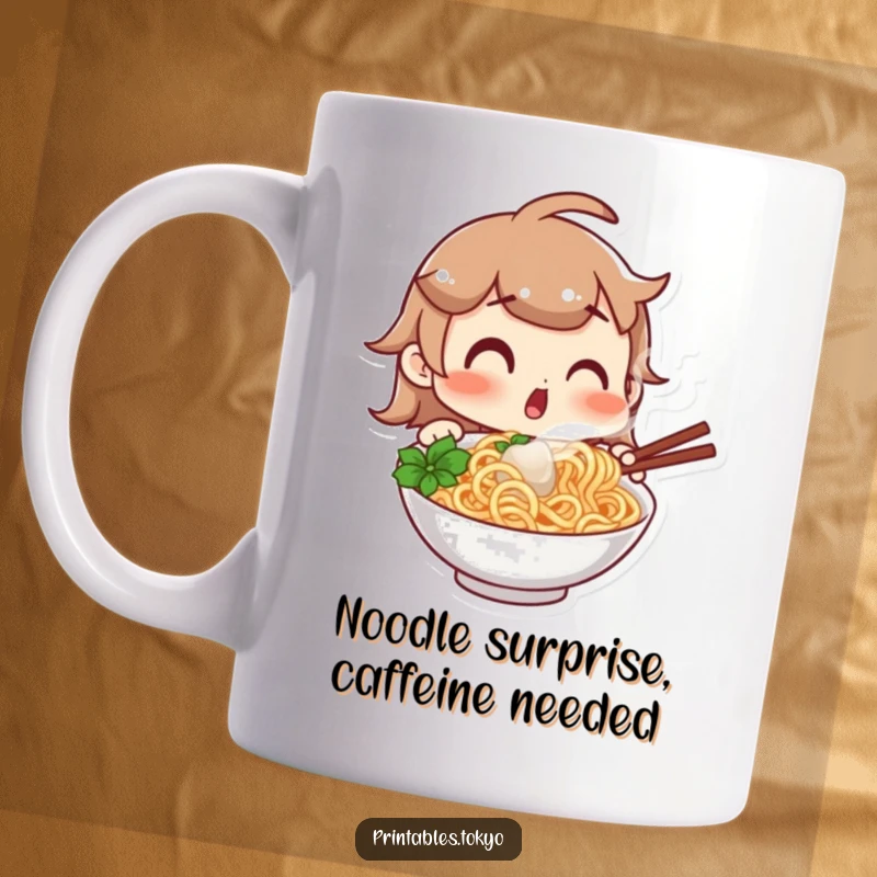 Funny mug with a character showing a comically surprised expression while gazing at a steaming, delicious bowl of noodles, a perfect funny gift for pasta lovers.