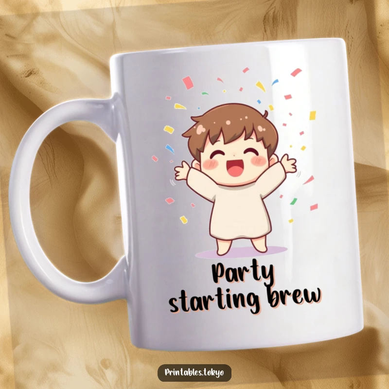 Funny mug showcasing a cheerful character joyfully tossing colorful confetti high into the air, celebrating happiness.