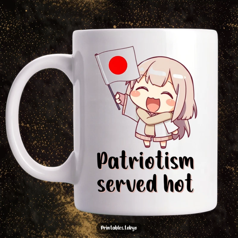 Funny mug featuring a happy character enthusiastically waving a small Japanese flag, celebrating global connections and good cheer.