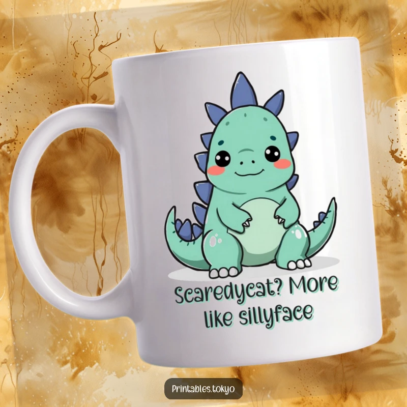Funny mug showing a character making a silly face to playfully startle a small, cartoonish Godzilla.