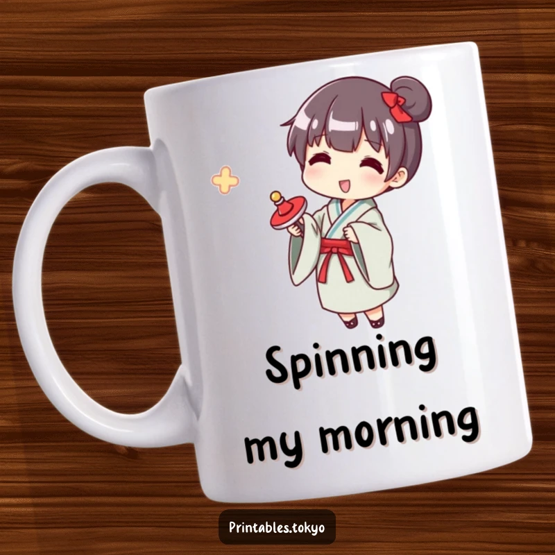 Funny yukata spinner mug, a character in a small yukata happily playing with a spinning top, evoking childhood joy and fun.