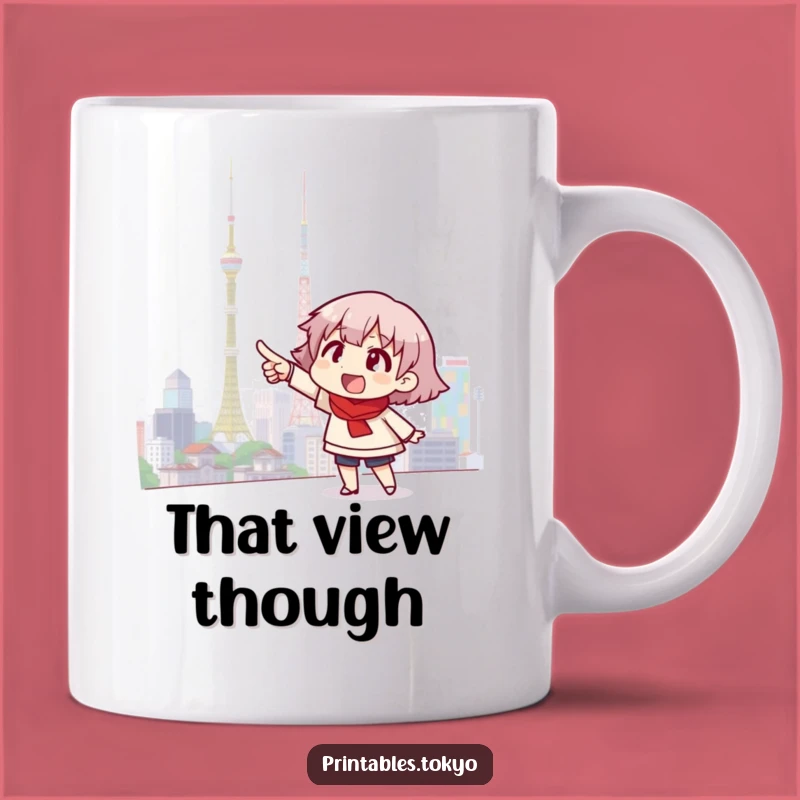 Funny Tokyo Skyline Mug - Excited Character, Perfect Travel Gift!