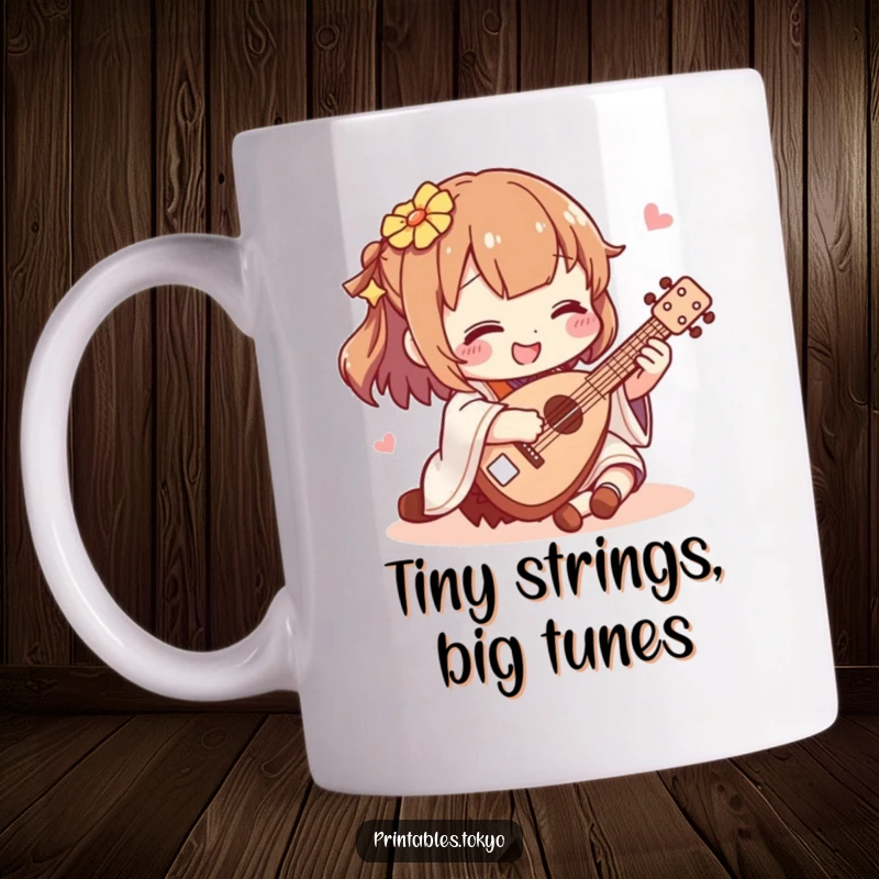 Funny shamisen player mug, a cheerful character strumming a tiny shamisen with pure joy, perfect for music lovers and gifting.