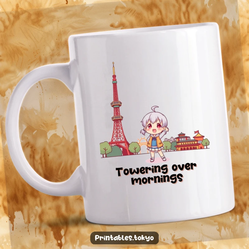 Funny mug showing a character playfully posing with a stylized Tokyo Tower in the background, embodying adventure.