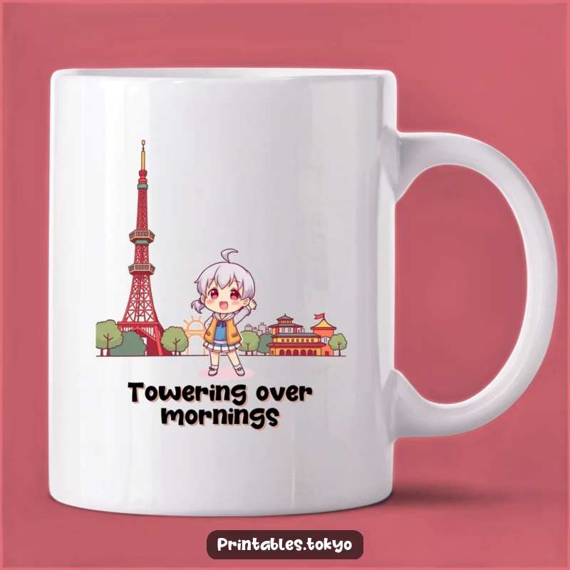 Funny Tokyo Tower Pose Mug: Character's Playful Visit, Perfect Gift