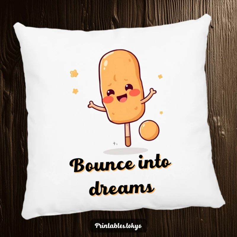 Funny yakitori skewer pillow, depicted bouncing joyfully, offering comfort and a splash of foodie fun, a cozy funny gift.